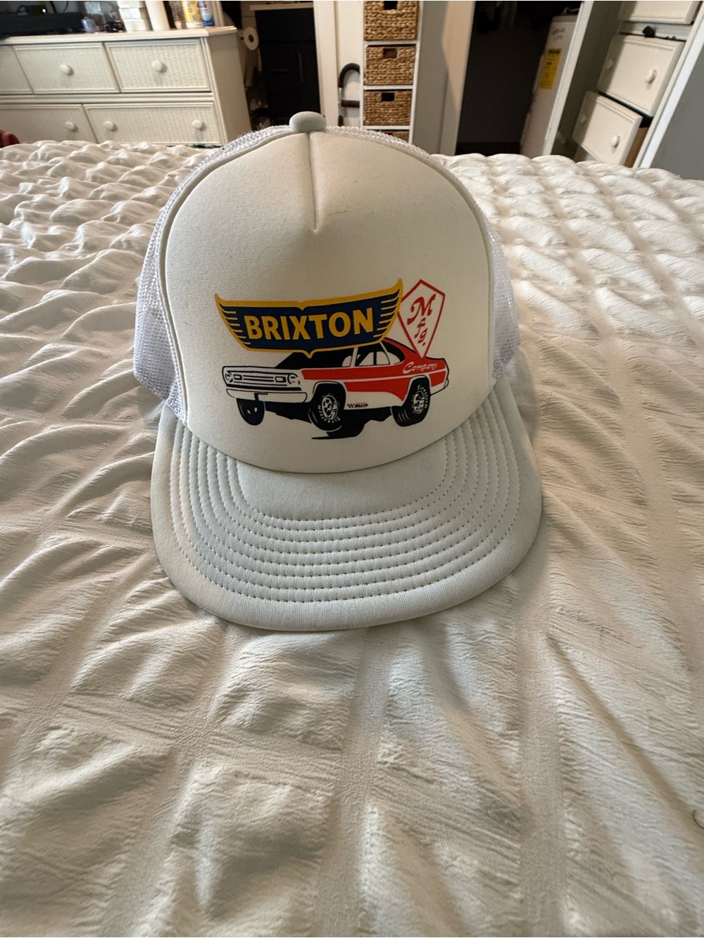 Brixton Kids White Trucker Hat with Yellow Logo and Red Car Graphic